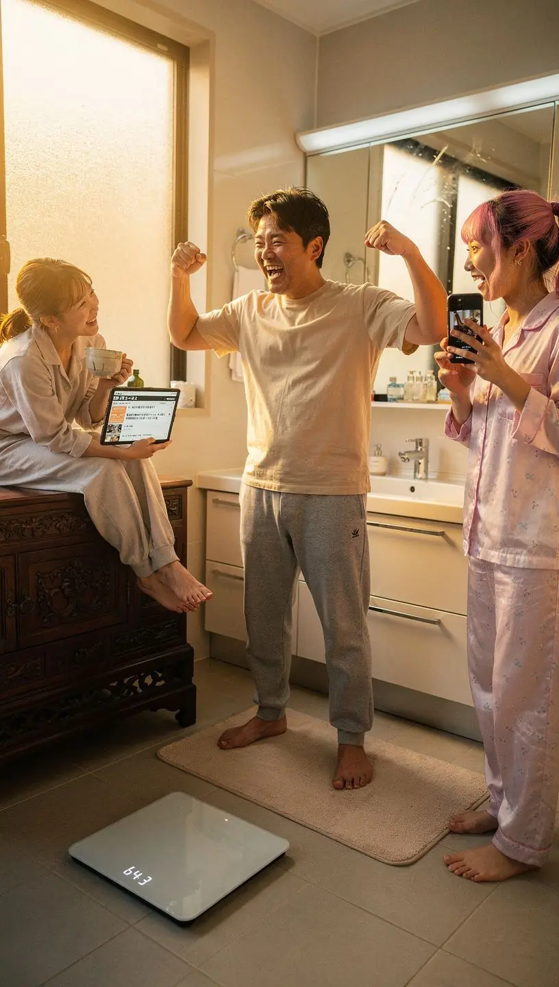健康管理に役立つ詳細な分析結果を示すスマート体重計のインターフェース。